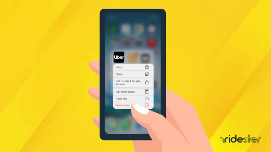 vector graphic showing a mobile phone running the Uber app with a thumb about to delete Uber from the phone