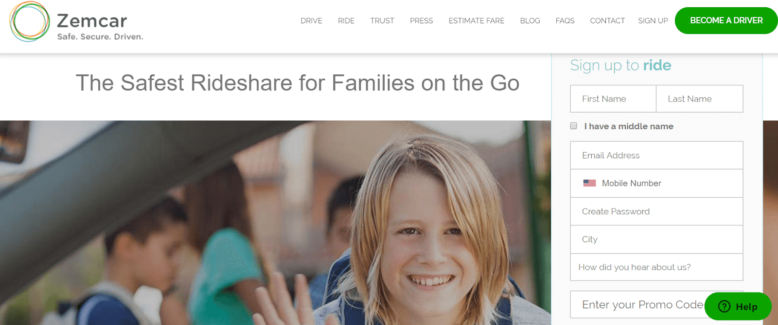 Uber for kids service Zemcar homepage