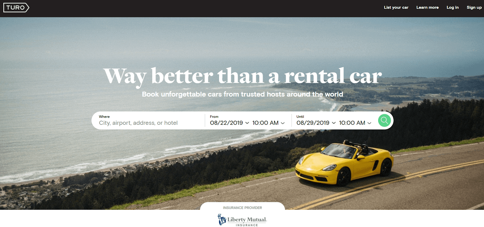Turo long term car rental homepage