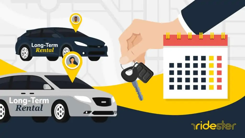 vector graphic showing a hand holding a set of keys and a long-term car rental in the background in front of a calendar