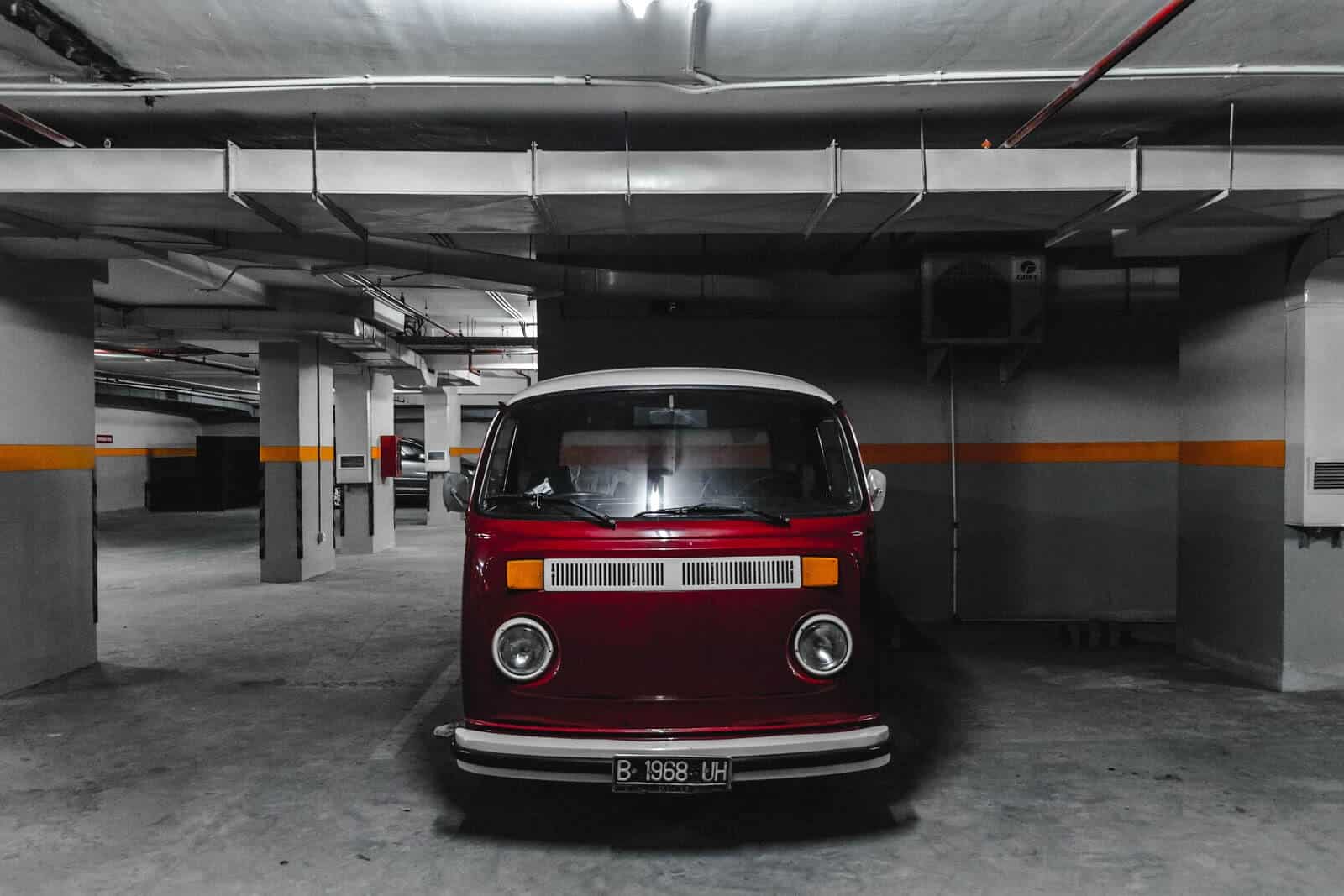 VW bus parked in a parking structure