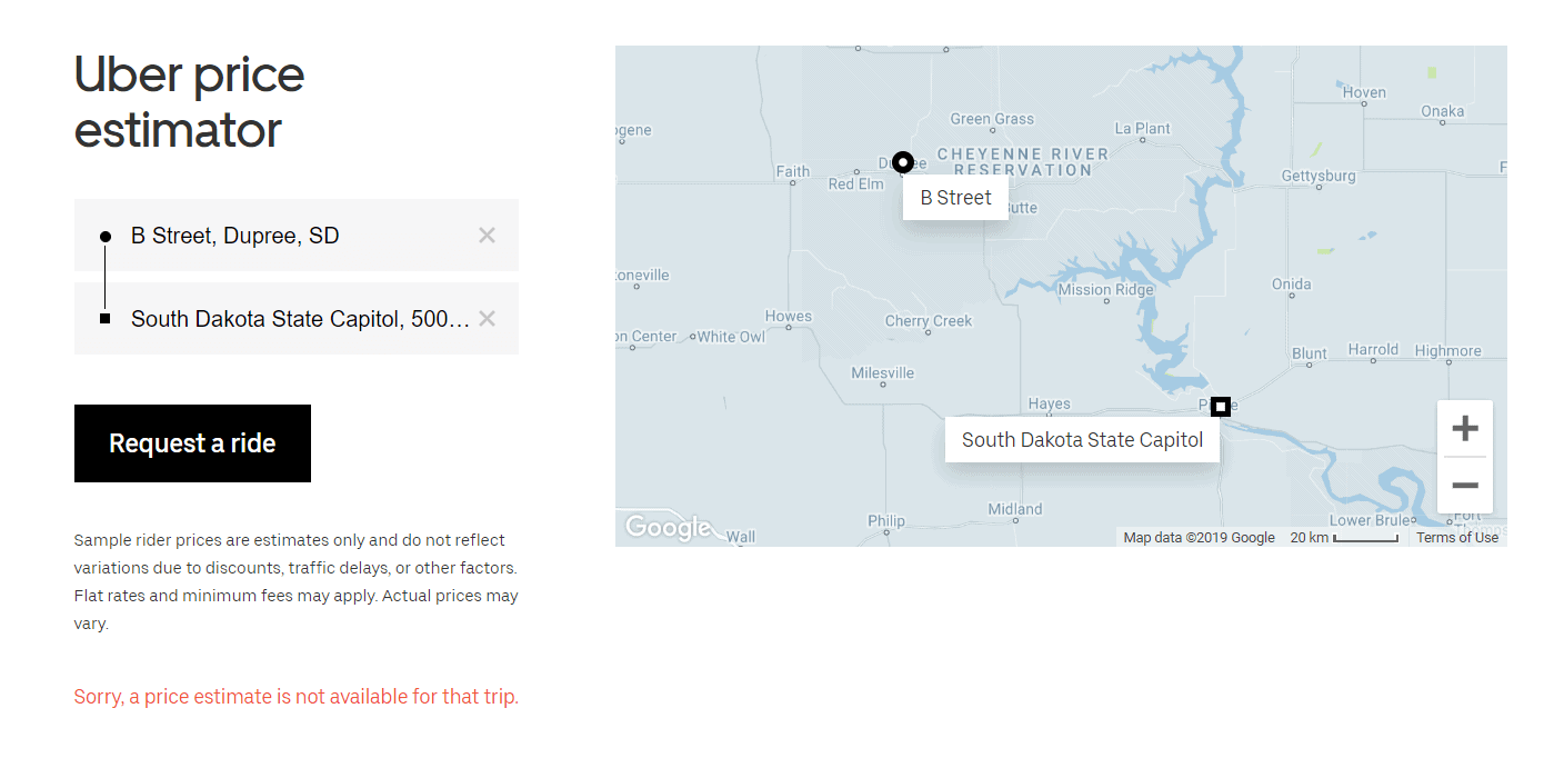 Uber coverage map in South Dakota