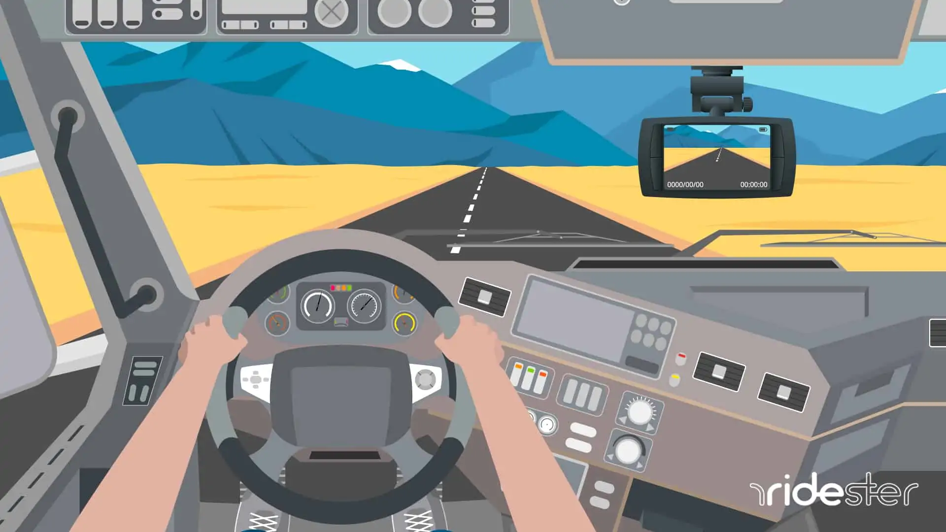 vector graphic showing a road from the inside of a truck and a dash cam on the dash - for best dash cam for truckers featured image