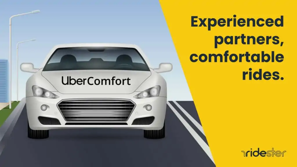 vector graphic showing a mercedes with the Uber Comfort logo on it, with the words "Uber comfort" next to it