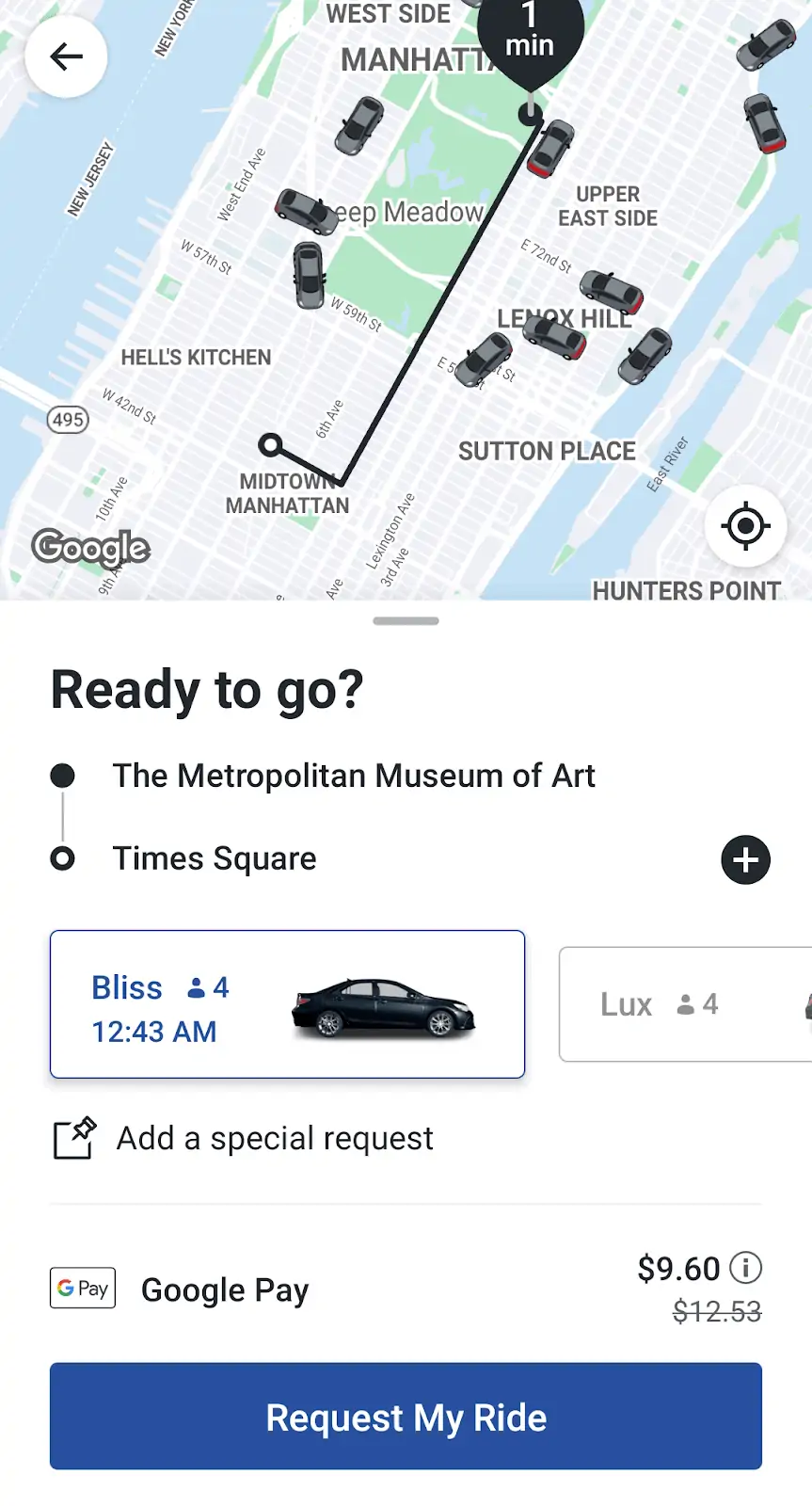 Screenshot of requesting car on Gett