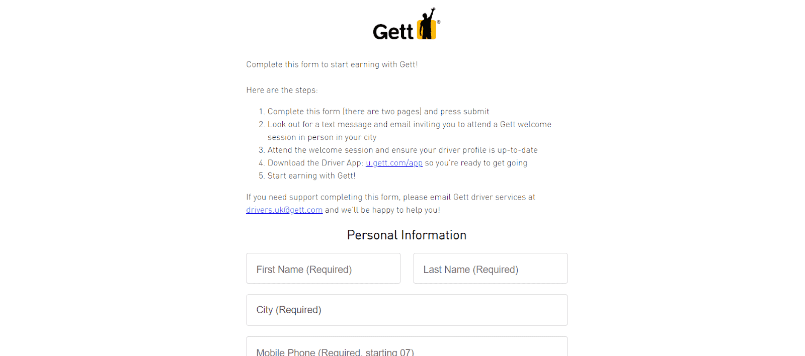 Gett driver sign-up page