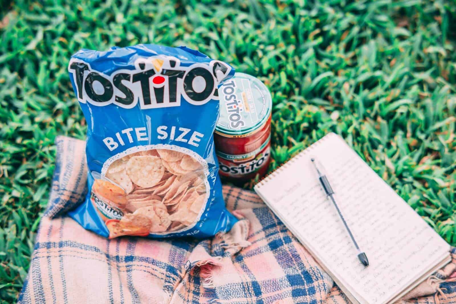 Tostitos chips and salsa next to blanket on the grass
