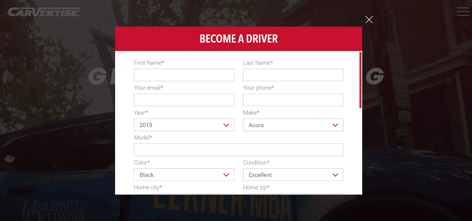 Driver application page