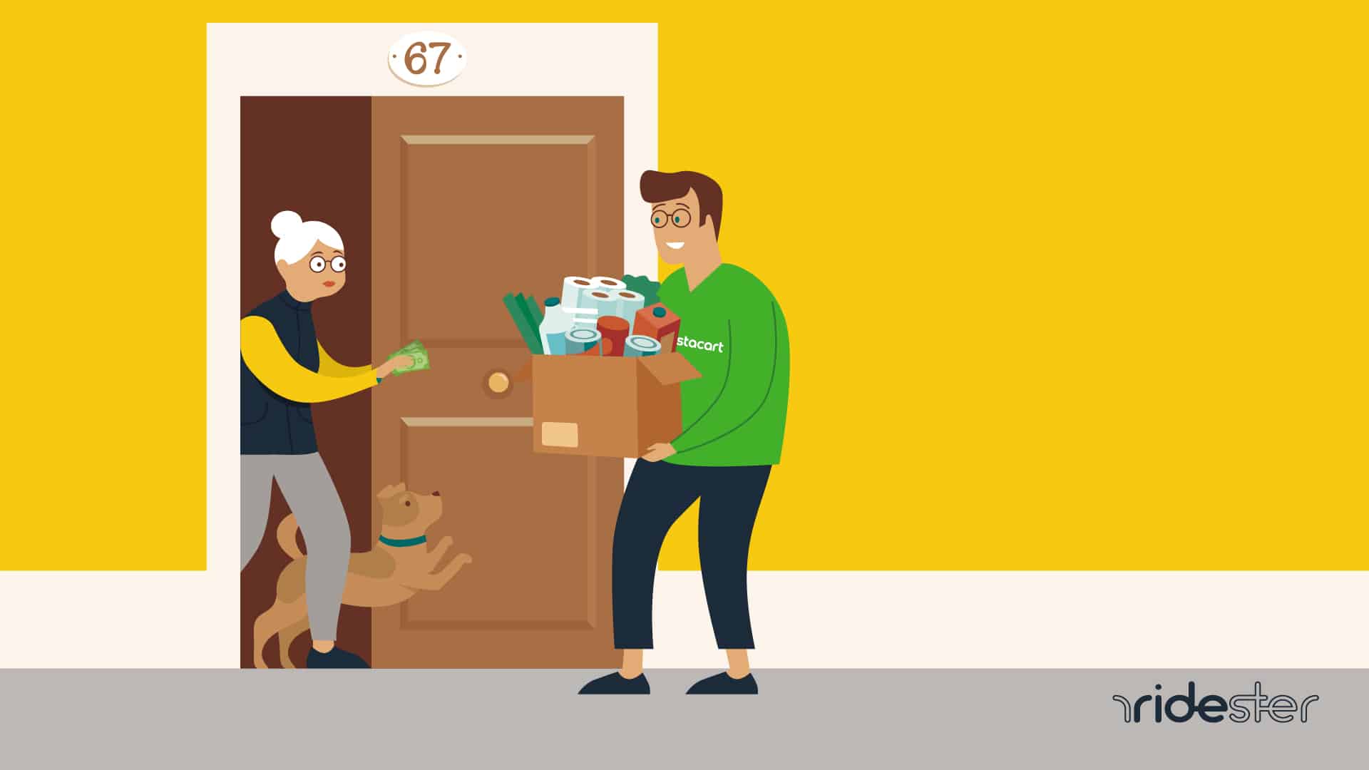 vector graphic showing instacart tipping - an instacart shopper delivering groceries to a woman standing inside a door and giving the driver cash for the order he is dropping off
