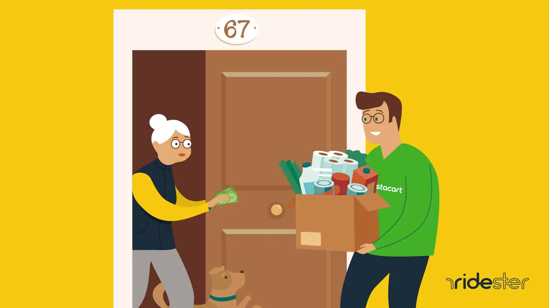 vector graphic showing instacart tipping - an instacart shopper delivering groceries to a woman standing inside a door and giving the driver cash for the order he is dropping off