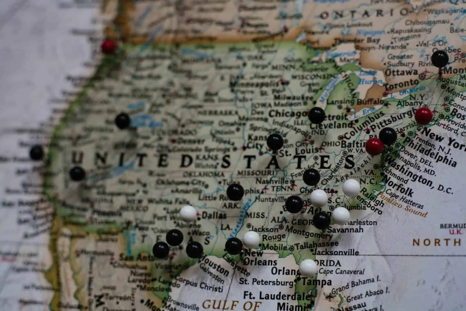 Map of United States with pins in different cities