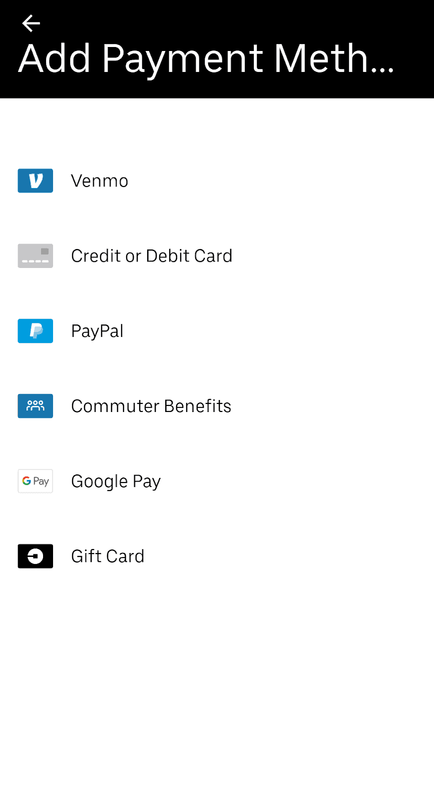 Payment methods on Uber app