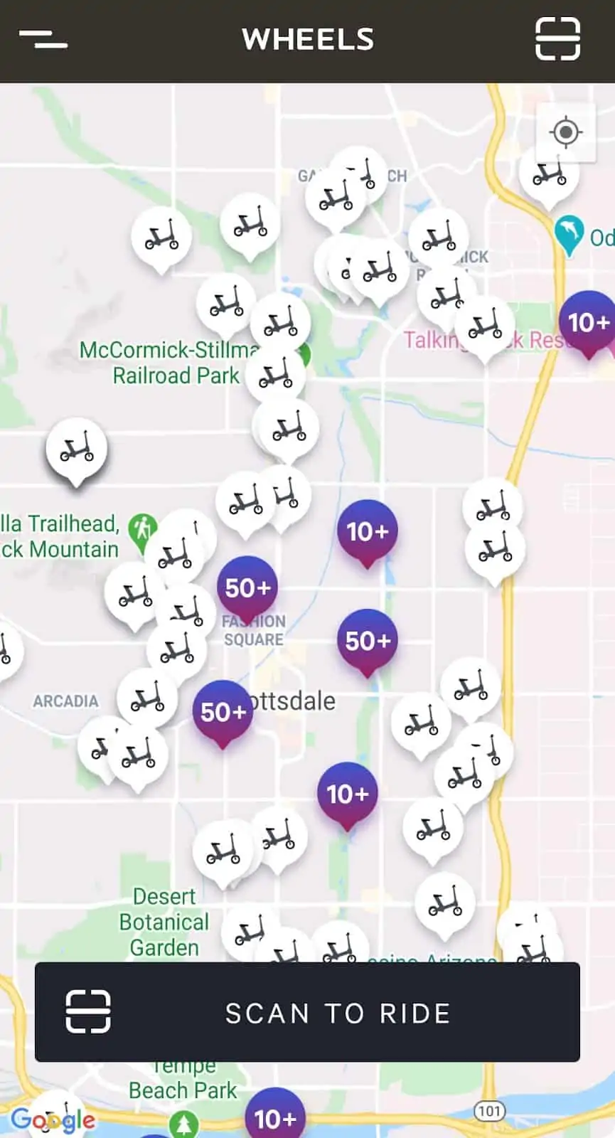 The map of nearby bikes on the Wheels Scooter app