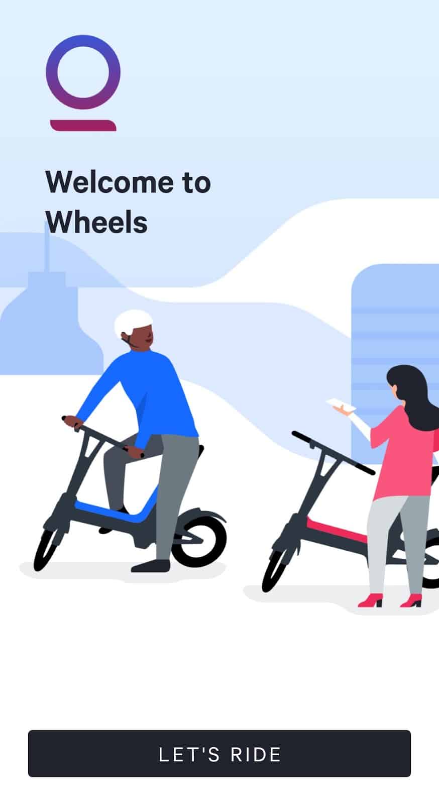 The welcome page of the Wheels Scooter app