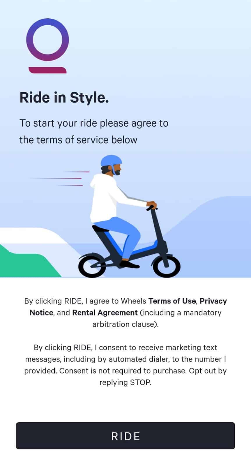 The "terms of service" page on the Wheels Scooter app