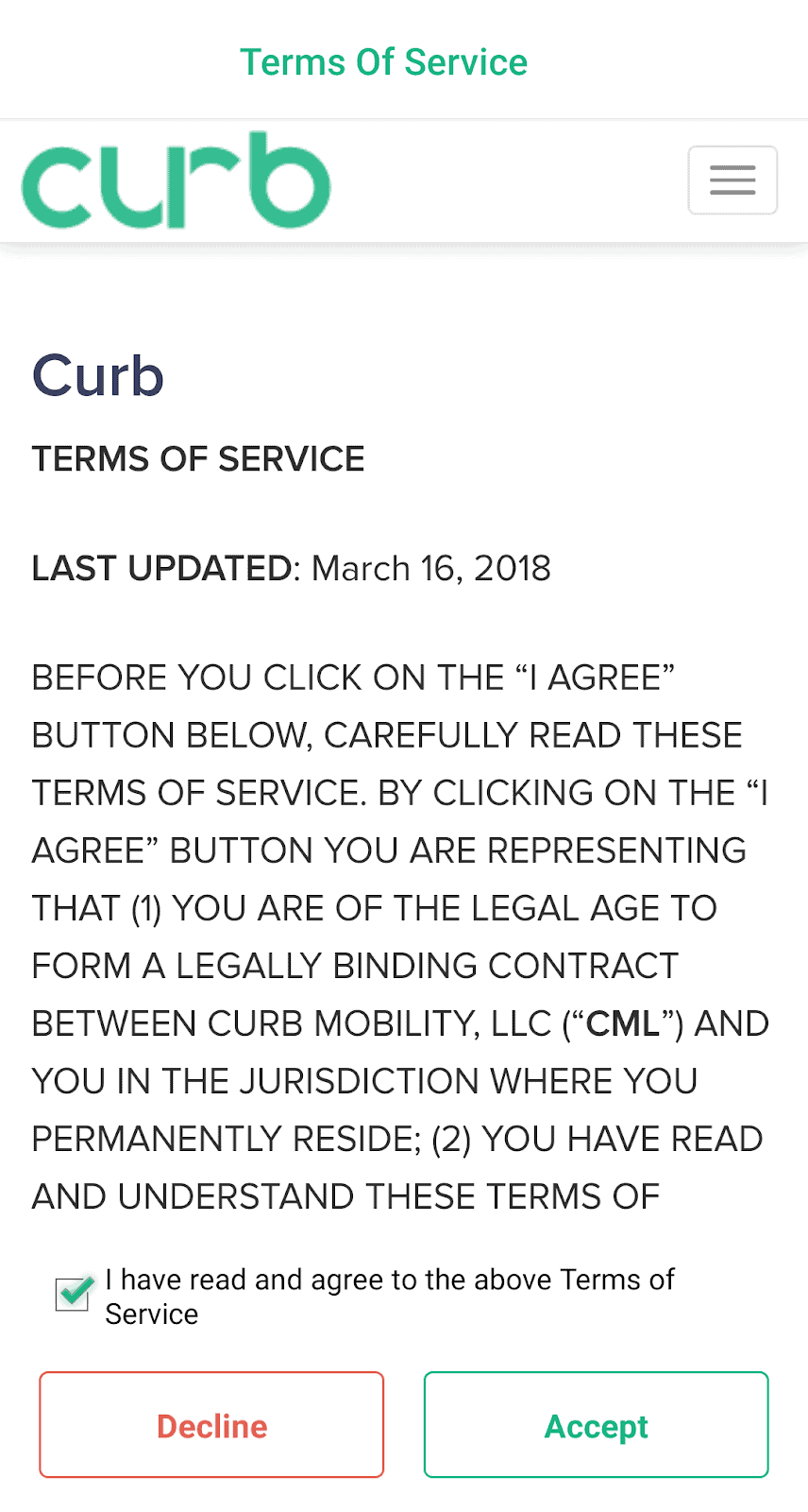 Curb app terms of service