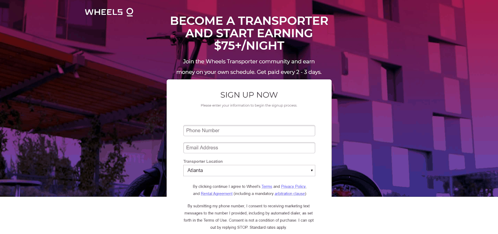 The Wheels Scooter webpage to sign up to be a transporter