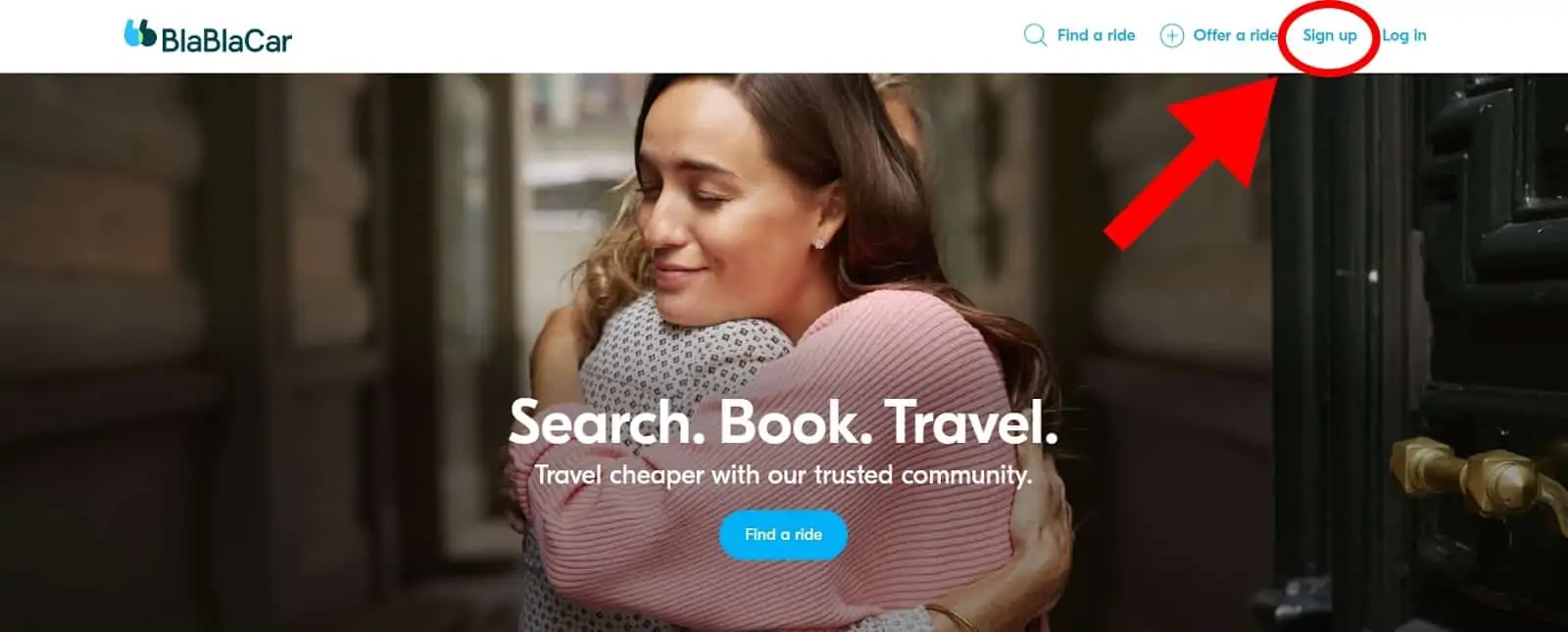 The BlaBlaCar home page with an arrow pointing to the "sign up" menu