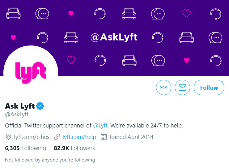 Lyft's Twitter page to show rideshare customers and drivers how to contact Lyft cusotmer support via twitter