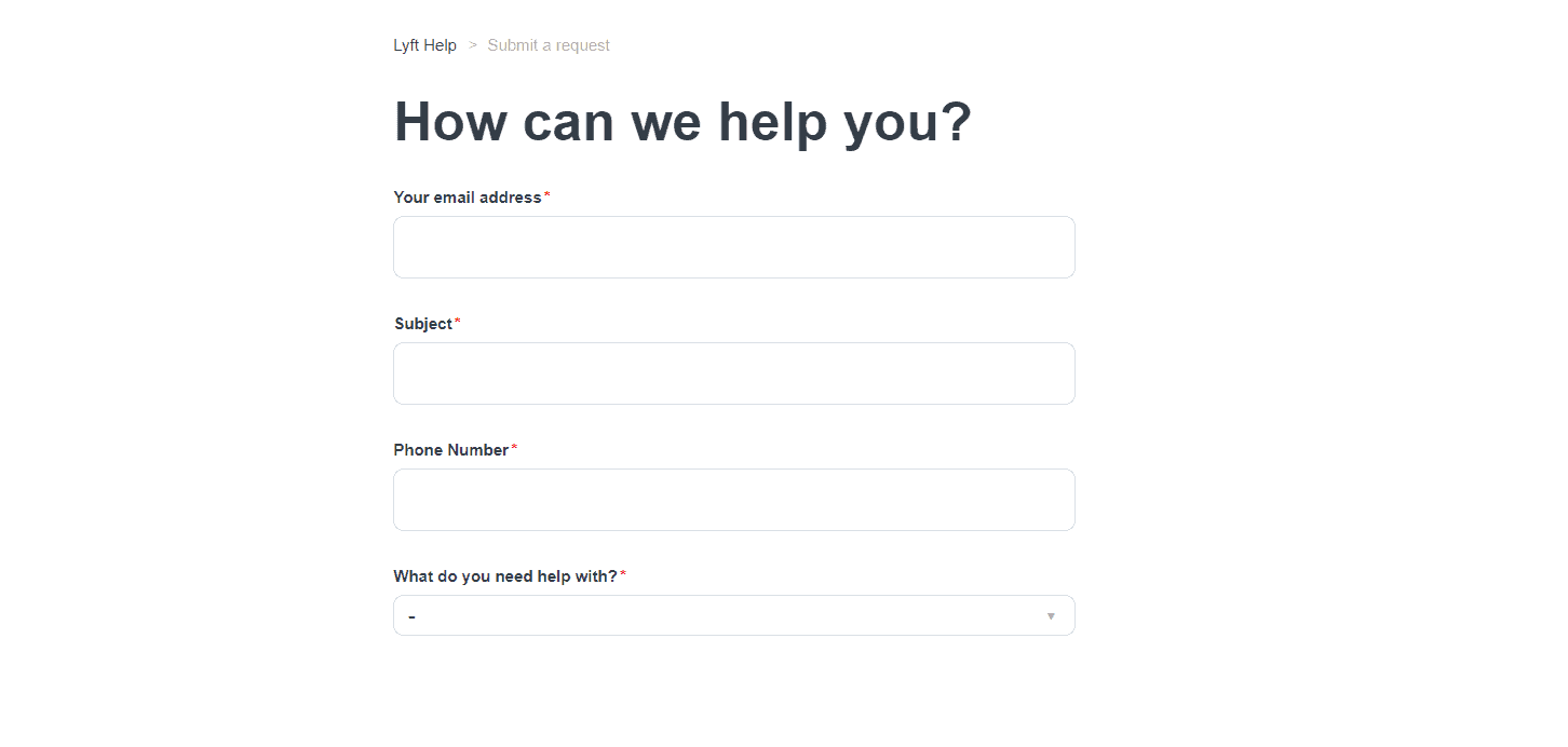 A screenshot of the lyft customer service form on the lyft.com website to show how to contact lyft when customers and drivers need help