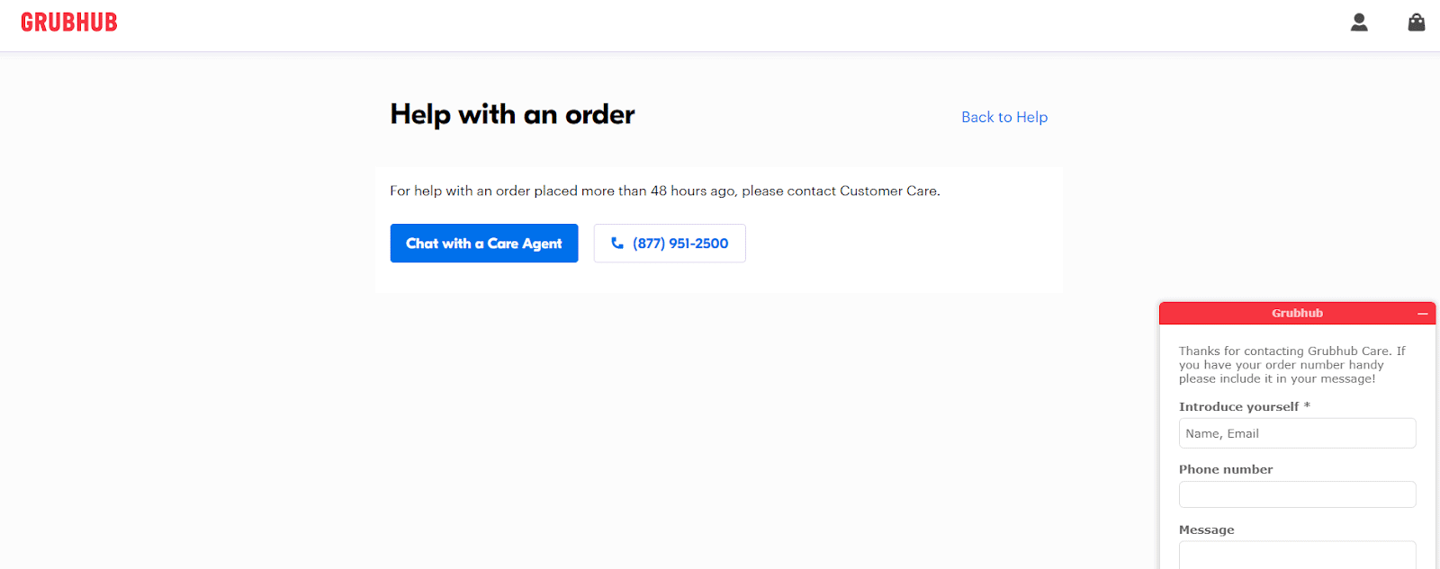 Grubhub customer service: the "Help with an order" webpage