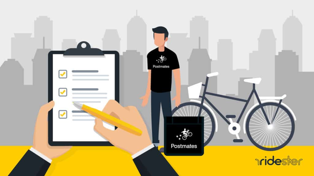 vector graphic showing a hand holding a clipboard and evaluating a driver to make sure he meets the postmates requirements