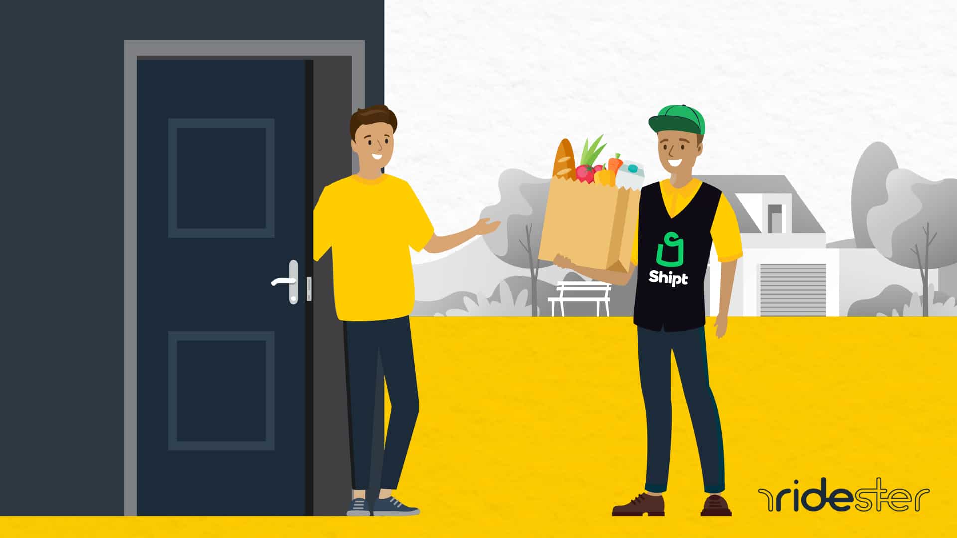vector image of a man holding a food delivery and the customer abiding by Shipt tipping best practices and offering the delivery person a cash tip