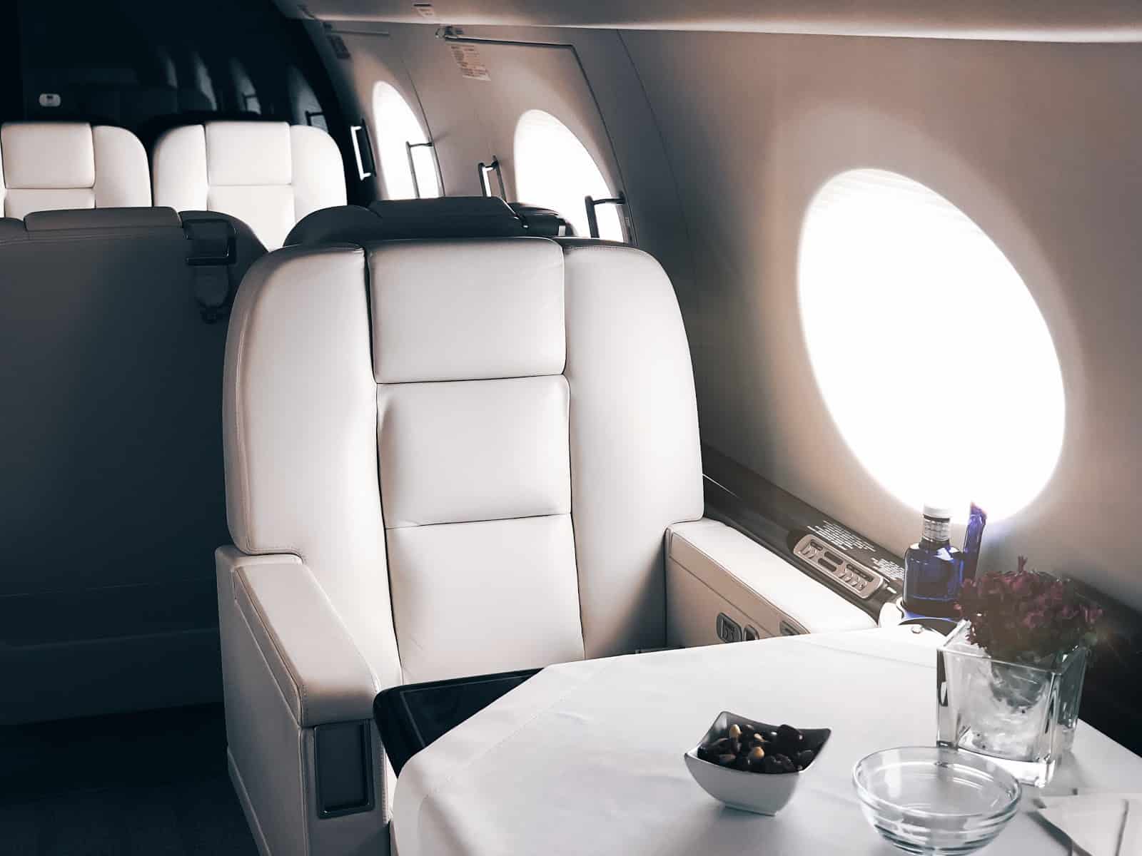 What is a chartered flight: a table set up for dining on a private plane