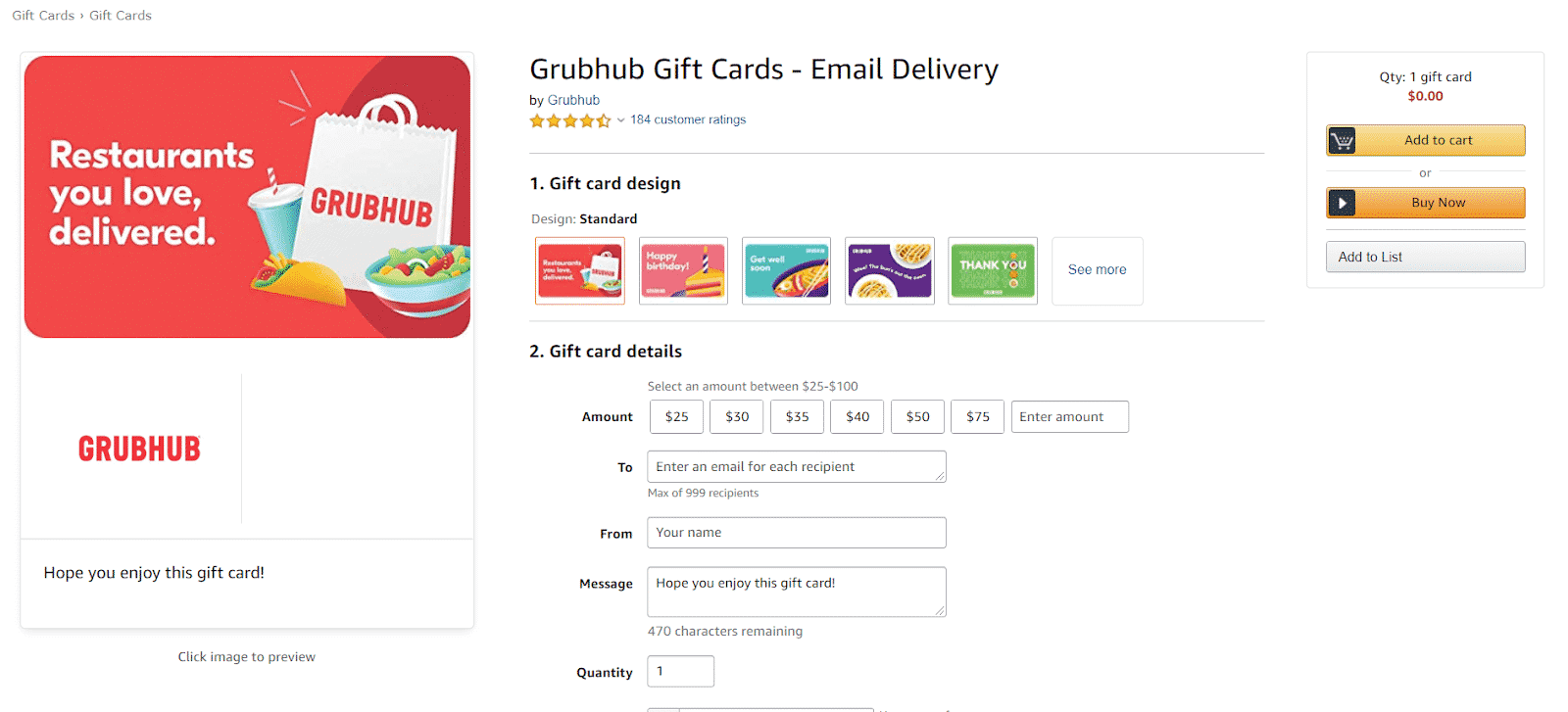 Grubhub gift card on Amazon