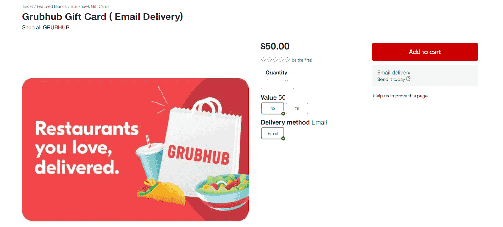 Target Grubhub gift card purchase