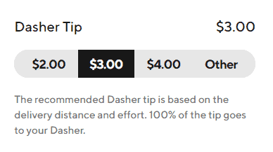 The options for adding a Dasher Tip in the DoorDash app