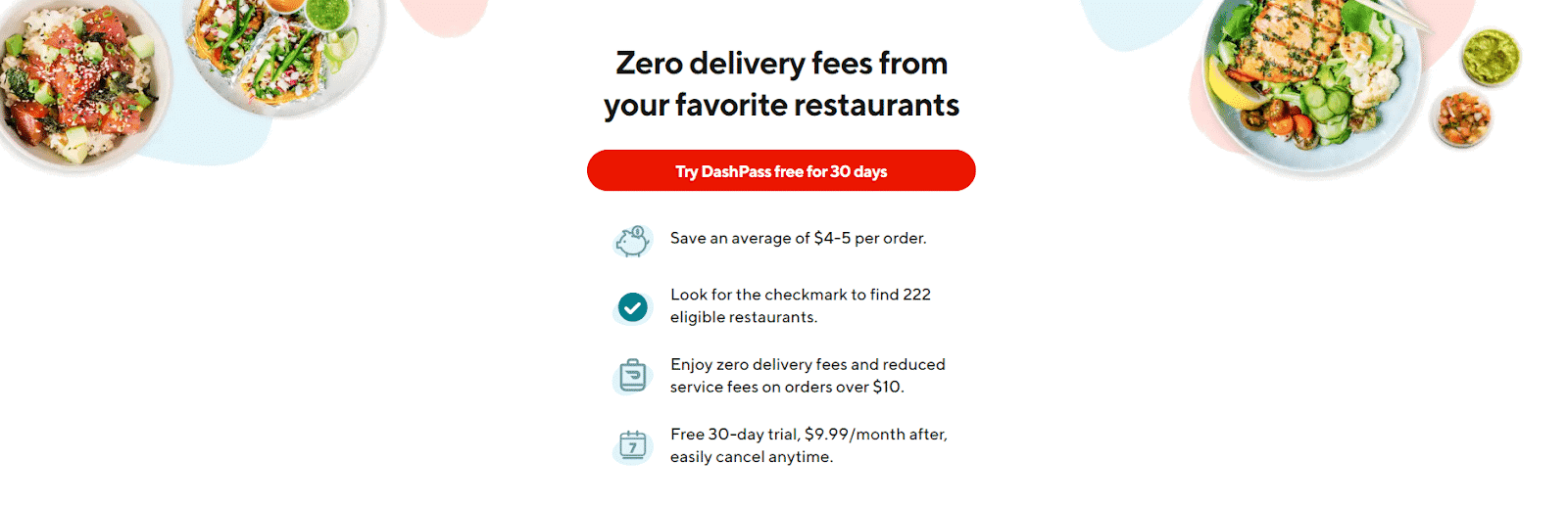 DoorDash fees: A zero delivery fees promise on the webpage for new user signups