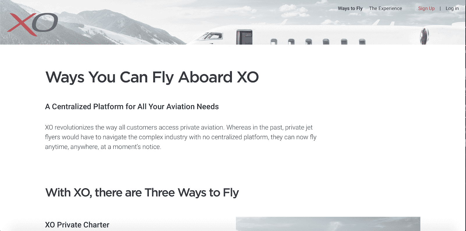 The XOJET ways to fly website