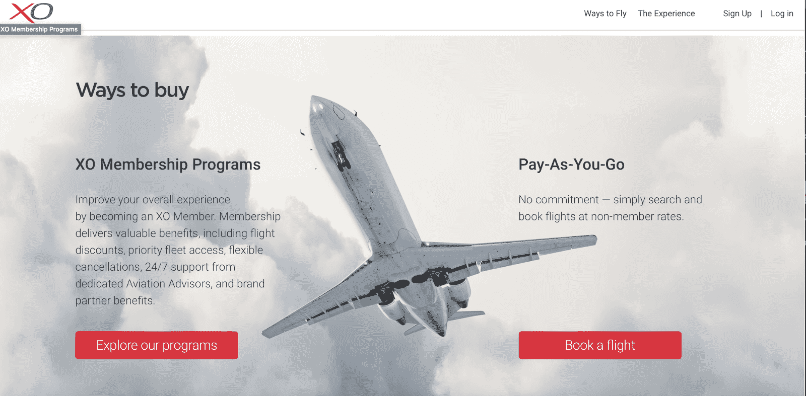 The XOJET Ways to Buy webpage