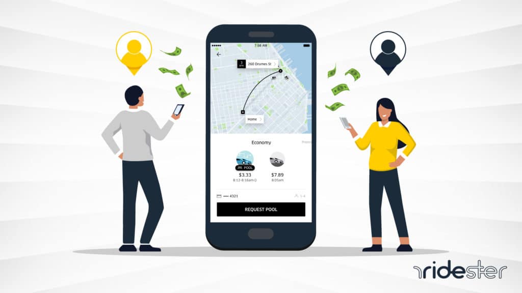 vector graphic of a man and woman using an uber promo code on their smartphones to save money on the service