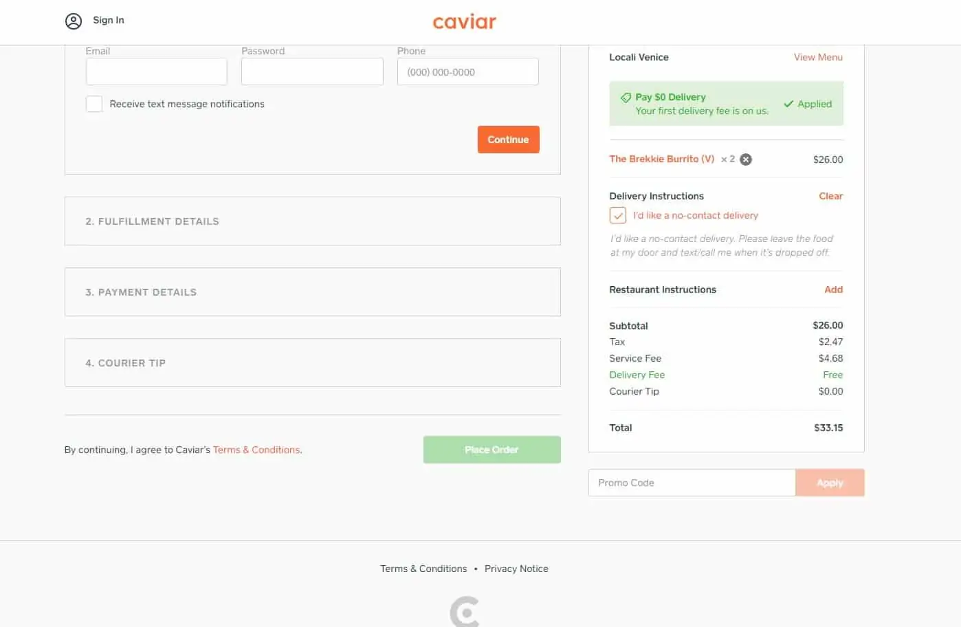 Caviar food delivery checkout screen
