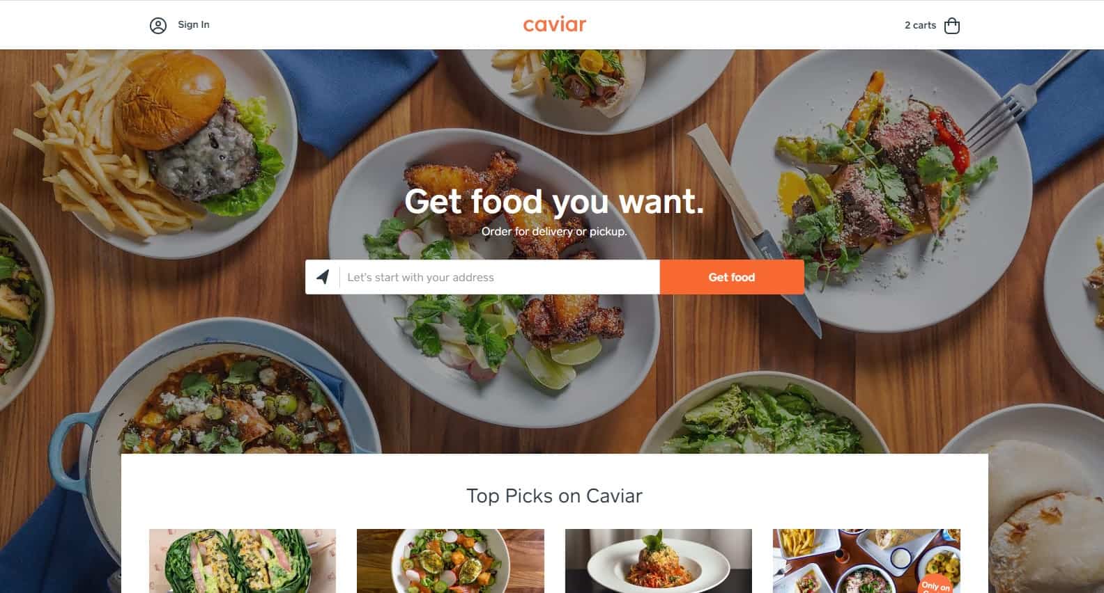 Caviar food delivery homepage screenshot