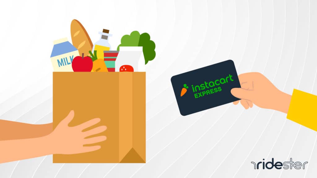 vector graphic showing a hand holding an Instacart Express card and giving it to another hand holding a bag of food