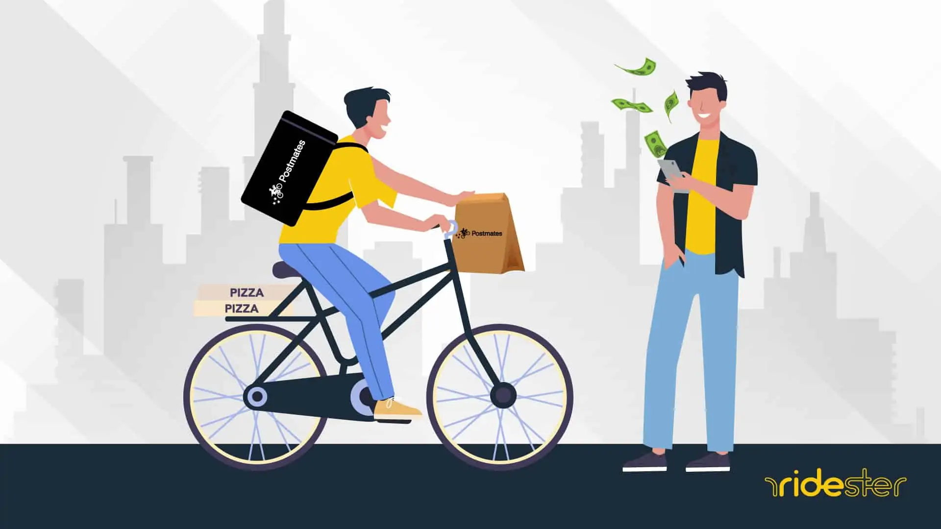 vector graphic of a man holding a smartphone and money coming out from the phone because he used a postmates promo code. A delivery driver on a bike is delivering his food