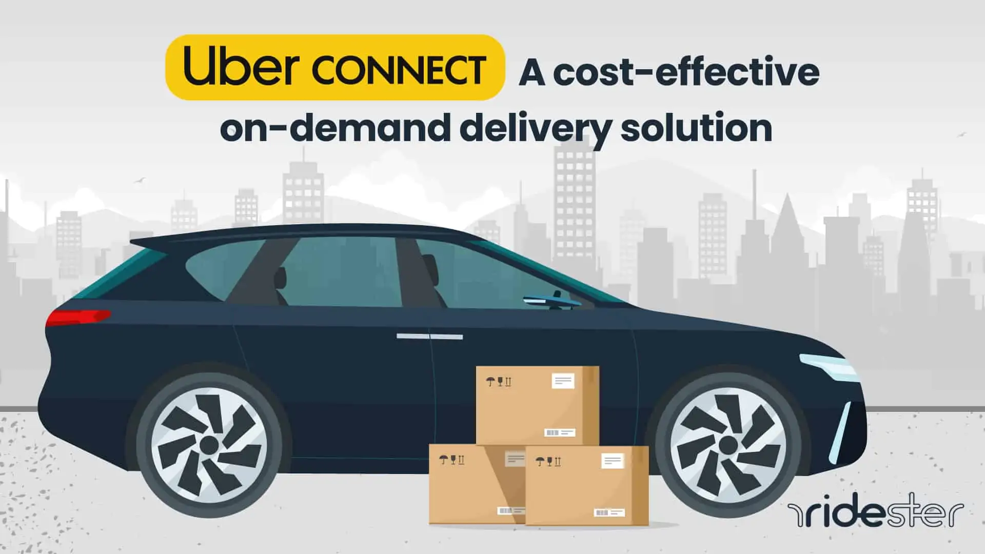 vector graphic showing an Uber Connect vehicle in front of packages in a city