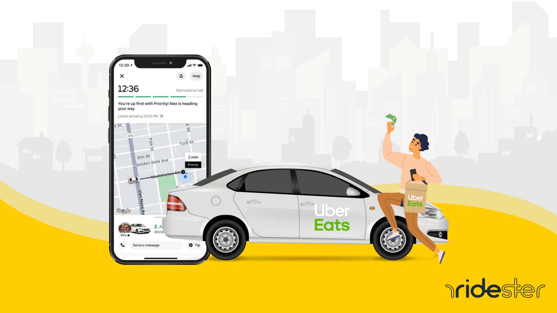 vector graphic showing an Uber Eats customer celebrating because they found an Uber Eats promo code