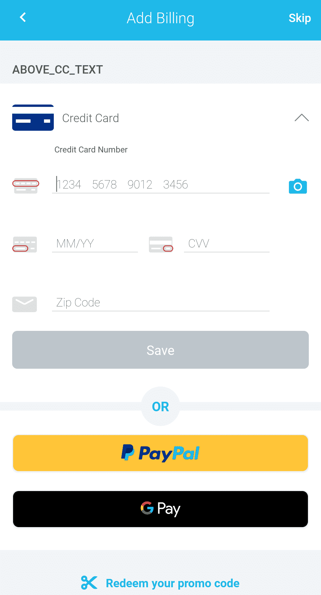 Entering your credit card details on Via App