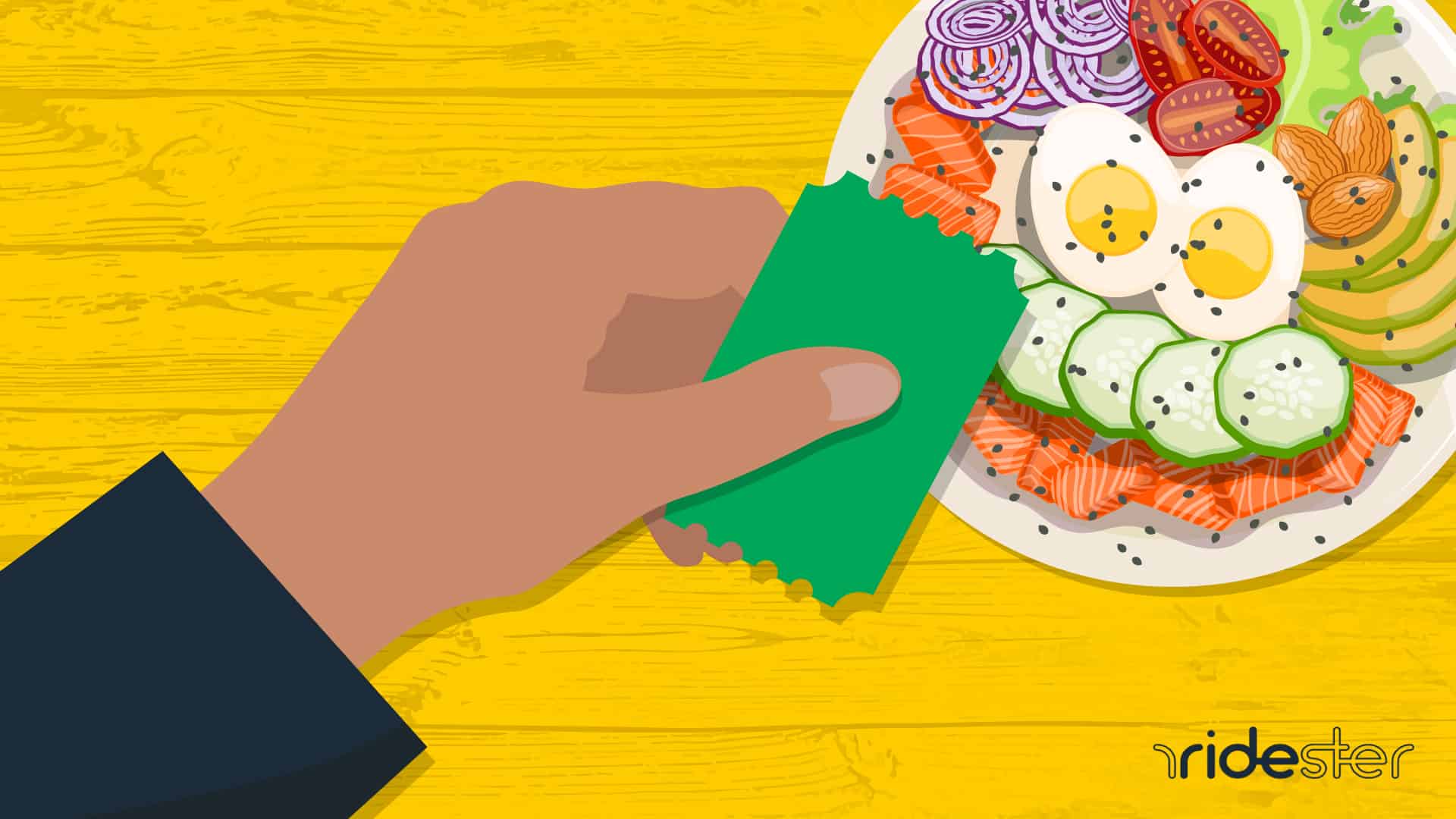 vector graphic of a hand holding an uber eats pass and exchanging that for food