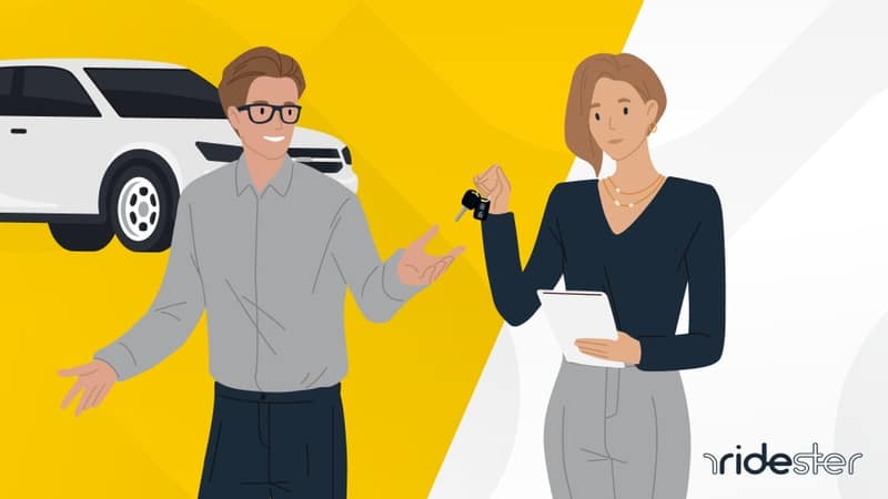 vector graphic of a woman handing a man a pair of keys with a car in the background for airbnb for cars post