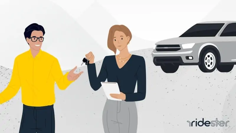 vector image of a woman holding a set of car keys handing them to a man to indicate airbnb for cars platforms