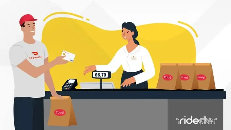 vector graphic of doordash delivery driver handing a cashier a dasherdirect card to pay for the meal