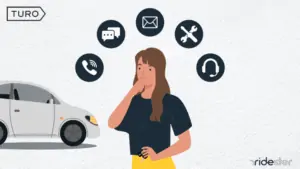 confused looking woman holding car keys thinking about the various turo customer service options available to her