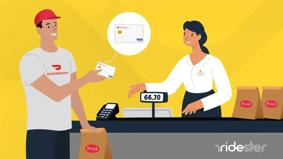 vector graphic of doordash delivery driver handing a cashier a dasherdirect card to pay for the meal