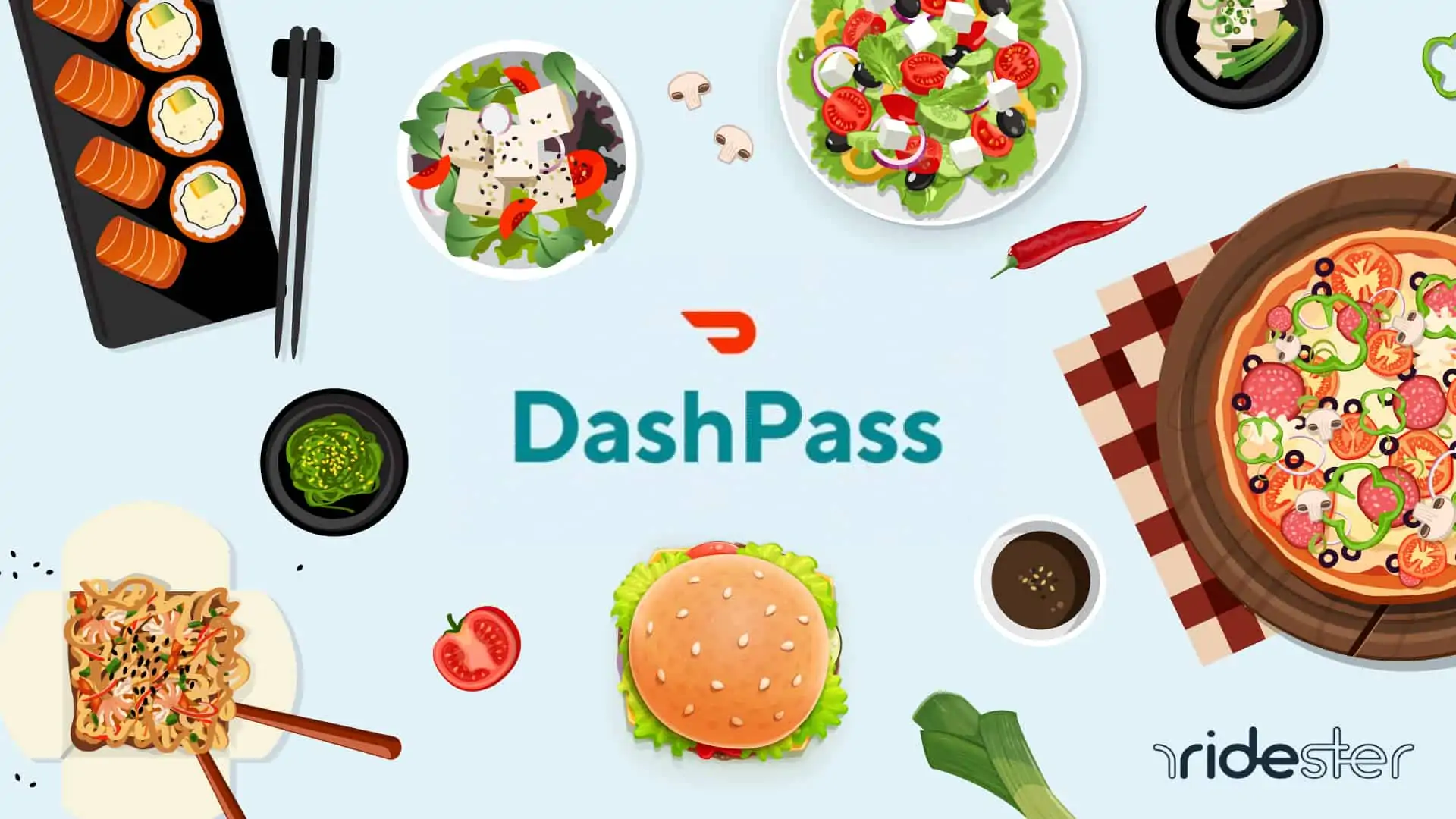 image showing dashpass logo surrounded by food options