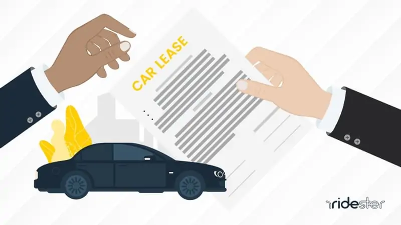 a vector image of a hand holding a car lease and another hand taking over a car lease with a road and car in the background